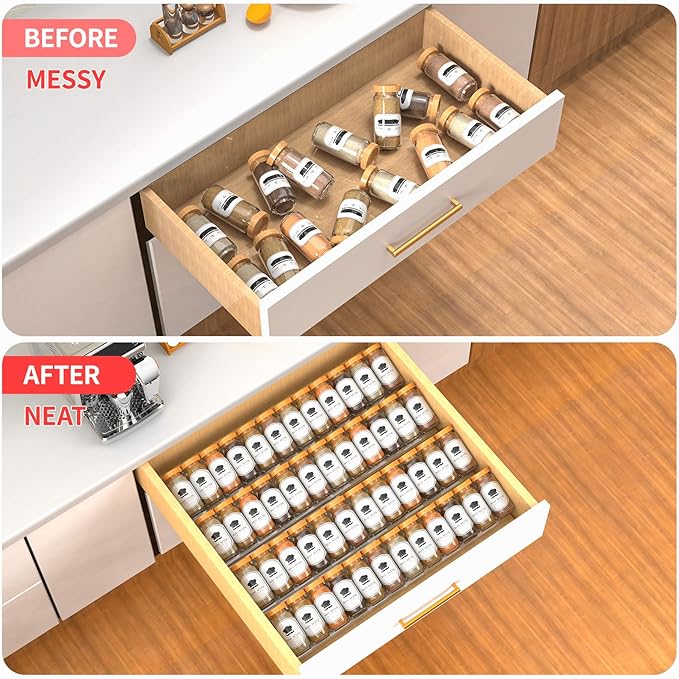 4-Tier Non-Slip Spice Drawer Organizer, 4-Pack Checkered Frosted Clear Acrylic, Expandable (11''-22'') Spice Rack for Kitchen Drawer Storage – Holds Seasonings, Herbs, and Spices (Jars Not Included)-Ruum Studio Home