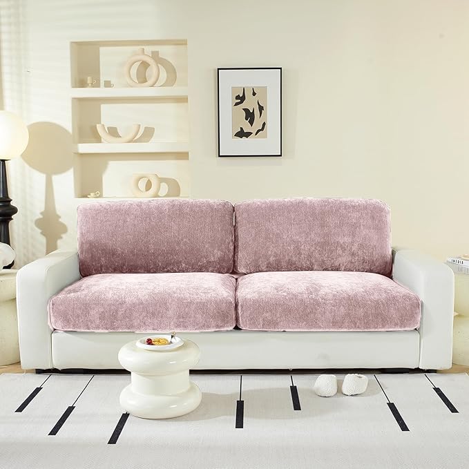 Couch Cushion Covers Individual Large Super Stretch Chenille (Softer Version) Sofa Cushion Covers, Couch Seat Covers Couch Slipcovers Furniture Protector (2PC, Pale Pink)-Ruum Studio Home