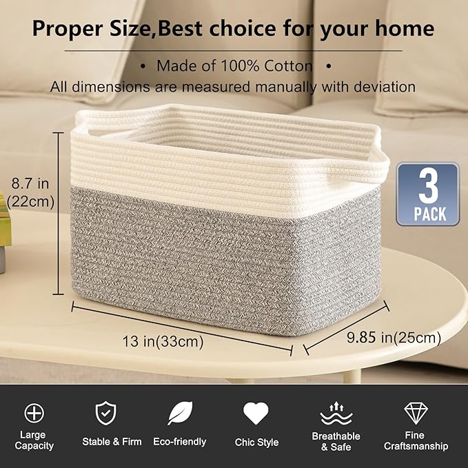 OIAHOMY 3 Pack Storage Basket for Organizing, 13''X9.85''X8.7'' Storage Bins,Woven Basket Basket with Handles, Toy Storage Basket Bin,Stylish Room Decor Basket, White & Grey variegated-Ruum Studio Home