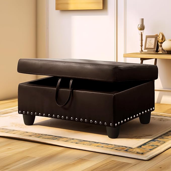 Ottoman Rectangular Storage Ottoman Bench, Faux Leather Footrest, Coffee Table, Stool Footstool with Hinged Lid for Living Room, Bedroom, Entryway, Brown, 28.5"x19"x17.5"-Ruum Studio Home