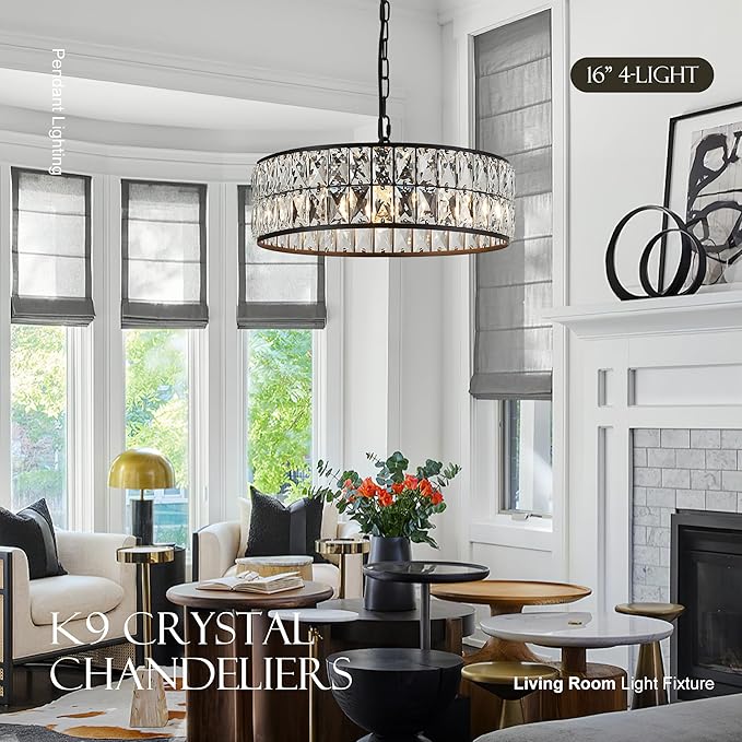 16” 4-Light Modern Crystal Chandeliers Black Dinning Room Light Fixture, Round Pendant Light Kitchen Island Chandelier, Flush Mount Ceiling Light for Living Room Entryway Bedroom Foyer-Ruum Studio Home