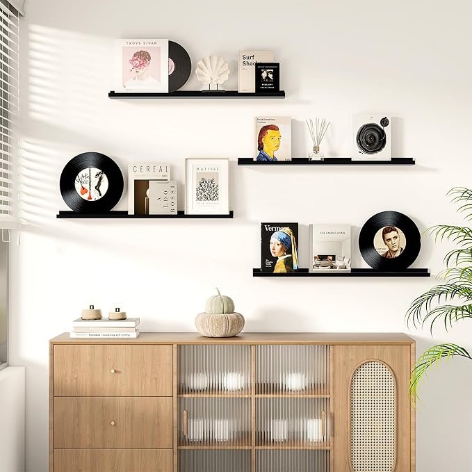 Picture Ledge Shelf for Wall, Floating Shelves Set of 4, 36 Inch Long Nursery Book Shelves for Toys Storage, Kids Bookshelf Wall Mounted for Books Photo Frames, Black-Ruum Studio Home