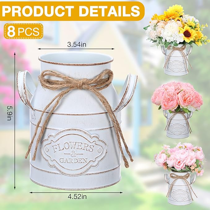 6 Inch Farmhouse Vase Decor Milk Can Vintage Flower Jug Galvanized Metal Vase with Handle Rustic Flower Buckets for Thanksgiving Christmas Table Centerpiece Weddings Gifts(Retro White,8 Pcs)-Ruum Studio Home