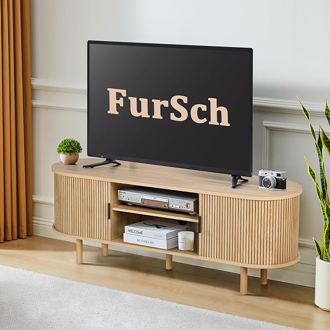 54" Tambour Door TV Stand,Wood Mid Century Modern TV Cabinet for Up to 65“ TV,Curved Edge Long TV Stand with Storage for Bedroom Living Room(Natural, 54inch)-Ruum Studio Home
