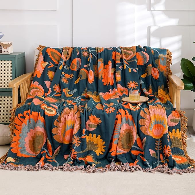 Snycler Boho Throw Blanket for Bed, 100% Organic Cotton Muslin Soft Throw-Orange Boho Floral Farmhouse Rustic Spring Summer Fall Decor Blanket for Couch Sofa Quilt and Gift, 60" x 80"-Ruum Studio Home