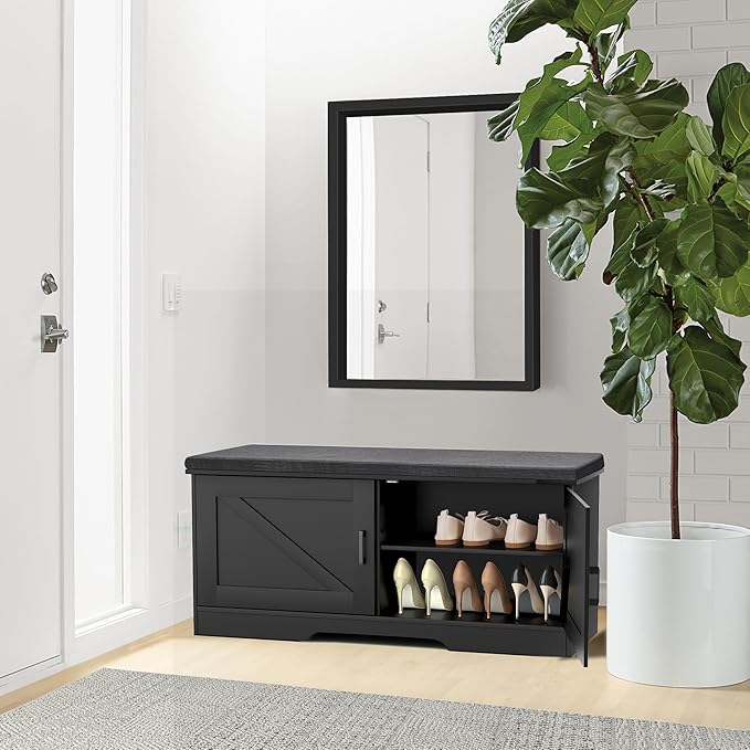 2-Tier Storage Bench, Shoe Bench with Padded Seat Cushion, Entryway Bench with 2 Barn Doors, Adjustable Shelf, 13.8" D x 39.4" W x 17.7" H, for Entryway, Living Room, Bedroom, Black-Ruum Studio Home