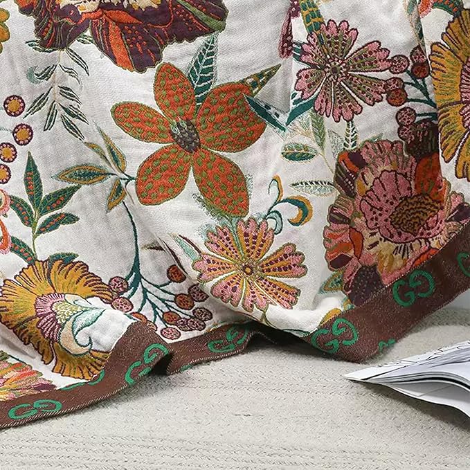 Boho Throw Blanket for Couch Sofa Bed, 100% Cotton Woven Quilt with Tassel 60”x80”, Super Soft Muslin Blanket with Floral Printed, Decorative Reversible Bed Blanket/Cover for All Seasons-Ruum Studio Home