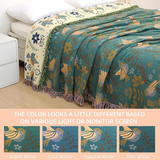 Boho Throw Blanket for Bed - 100% Pure Cotton Ultra Soft Rustic Quilt - Farmhouse Decor Bed Blankets, All Season Rustic Throw for Sofa Couch Chair(60"×80", Bird A)-Ruum Studio Home