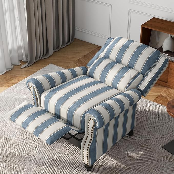 UIXE Pushback Recliner Chair Push Back Accent Chair, Fabric Overstuffed Armchair for Living Room, Rivet Trim Club Chair Home Theater Single Sofa Bedroom Reading Seat - Stripe Navy-Ruum Studio Home