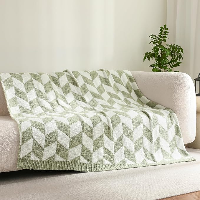 Snuggle Sac Sage Green Bedding Blankets Twin Size, Super Soft Warm Blankets Oversized Cozy Knit Fuzzy Blanket for Living Room, Chevron Green,60x80 inches-Ruum Studio Home
