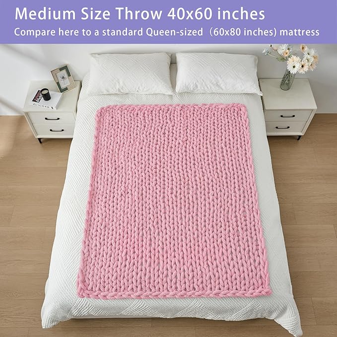 Bigacogo Chunky Knit Throw Blanket for Couch, 40x60 inches, 100% Hand Knitted with Thick Jumbo Chenille Yarn, Cozy Soft Large Rope Knot Cable Crochet Blankets for Sofa Bed Living Room, Blush Pink-Ruum Studio Home