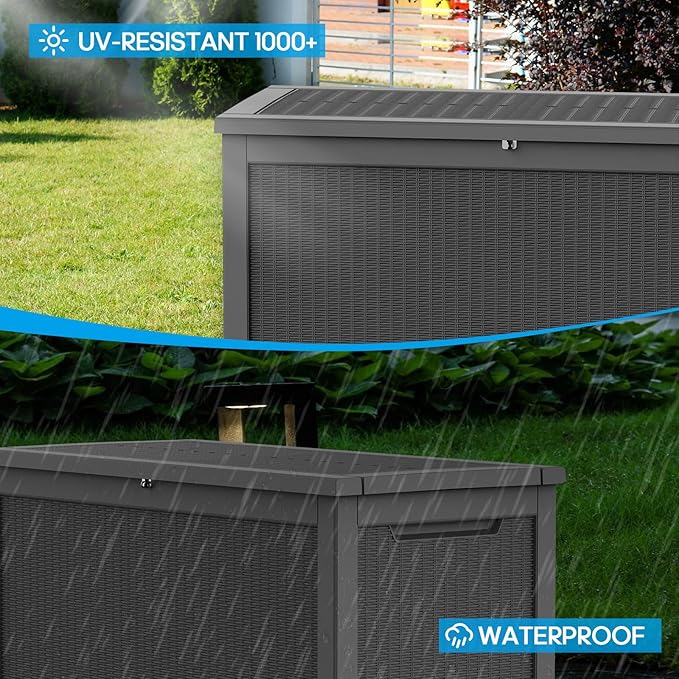 Large Deck Box 260 Gallon, Resin Patio Storage Box with Lockable Lid for Patio Furniture, Garden Tools, Pool Accessories, Weatherproof Outdoor Storage Bin, Black-Ruum Studio Home