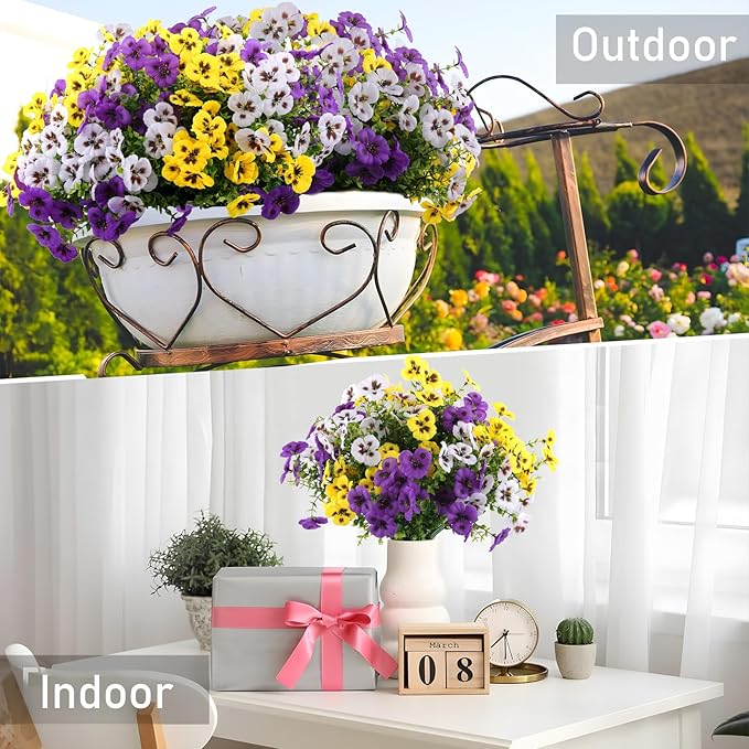 18 Bundles Artificial Fake Pansy Flowers for Outdoor, Faux UV Resistant Silk Pansies Flowers for Outside Planter Front Door Porch Yard Patio Window Box Home Decor (18, Purple, Yellow, White)-Ruum Studio Home