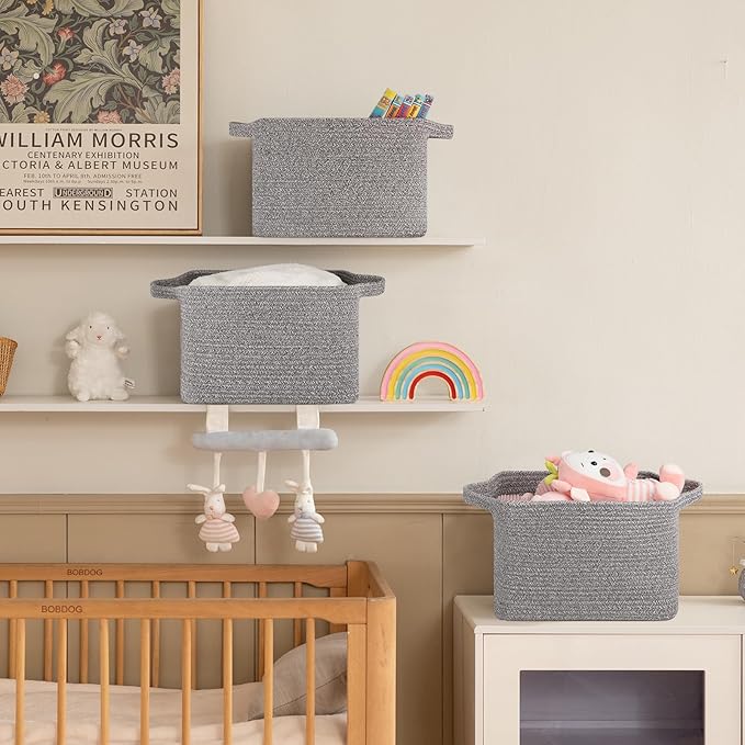 OIAHOMY Storage Basket, Woven Baskets for Storage, Cotton Rope Basket for toys,Towel Baskets for Bathroom - Pack of 3, Light Grey-Ruum Studio Home