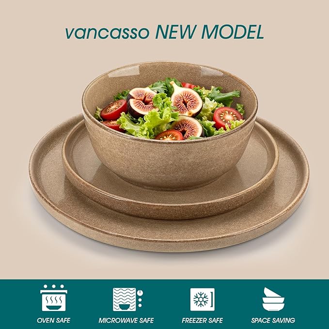 vancasso ANYA 18 Pieces Plates and Bowls Set, Caramel Dinnerware Sets, Reactive Glaze Dishes Set for 6, Ceramic Dishware Sets Kitchen Dinner Set, Microwave & Dishwasher Safe-Ruum Studio Home