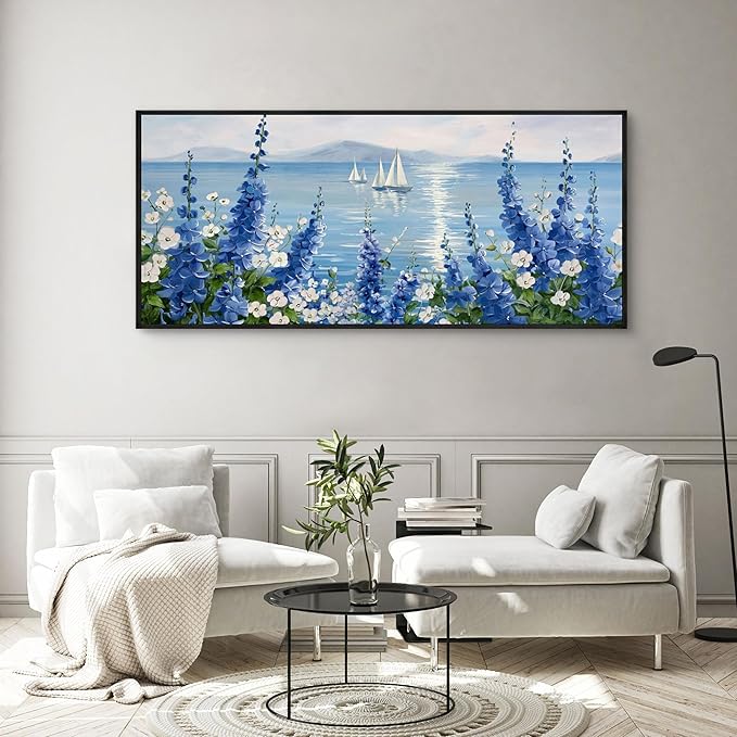 XLSJERST Large Sailboat Wall Art - Blue Canvas Abstract Painting Textured Picture Artwork Vintage Nautical Flower Painting Coastal Modern Print 70"x31" Frame for Living Room Bedroom Home Decoration-Ruum Studio Home
