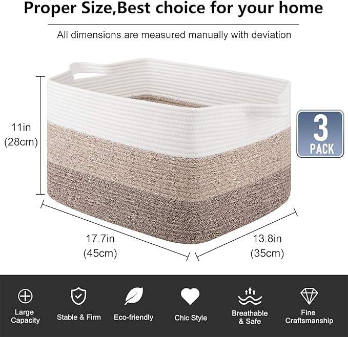 OIAHOMY Rectangle Woven Storage Basket - Nursery Cotton Rope Baskets for Storage, Toy Basket Organizing for Living Room, 17.7"x13.8"x11"- Pack of 3 - Gradient Yellow-Ruum Studio Home