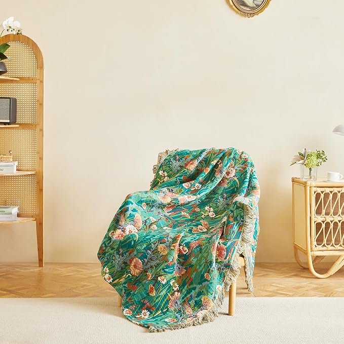 MSGKV Boho Throw Blanket for Bed Twin Size Cotton Muslin Breathable Floral Blanket 60"x80" Sofa Couch Blankets for All Seasons Lightweight Farmhouse Blankets Boho Home Decor-Ruum Studio Home