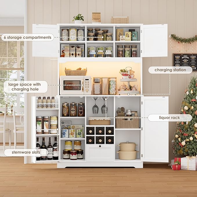 FINETONES 71" Pantry Cabinet with 7-Color LED Light and Charging Station, Kitchen Pantry Cabinet with Microwave Stand, Kitchen Hutch Food Storage Cabinet with Outlet and Wine Racks, White-Ruum Studio Home
