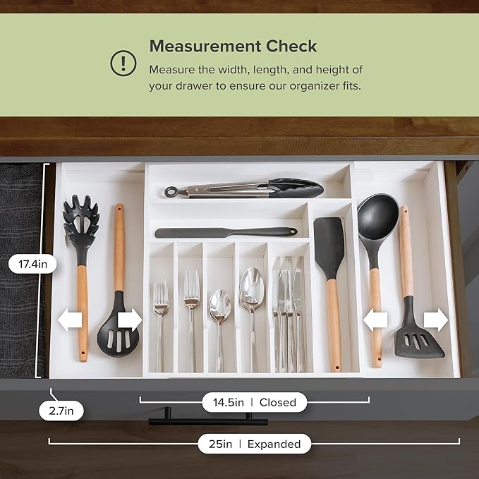 Premium Silverware, Flatware and Utensil Organizer for Kitchen Drawers, Food-Safe Contract Grade, Expandable from 14.5 to 25 In, White Bamboo-Ruum Studio Home