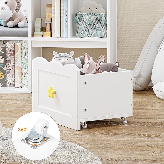 Kids Bookshelf with Reading Nook, Kids Bookcase with Soft Cushion Seat, 2 Wheels Drawers and 8 Storage Cubbies, Toy Storage Organizer for Kid's Room Playroom, Bedroom, School, White-Ruum Studio Home