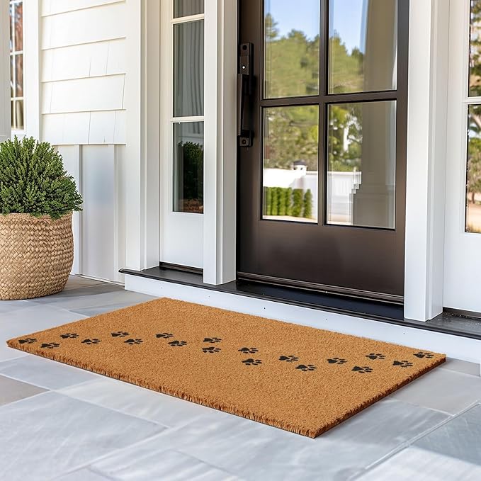 Barnyard Designs Natural Coco Coir Heavy Duty Backing Doormat - Large Cute Non-Slip Front Door Welcome Mat for Outside Entrance or Porch Entry, Brown (30x48, Paws)-Ruum Studio Home