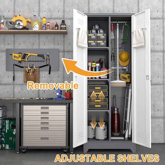 Locking Cabinet,Metal Storage Cabinet with Doors and Shelves,Broom Closet Storage Cabinets for Bedroom,Home Office,Grey-White-Ruum Studio Home