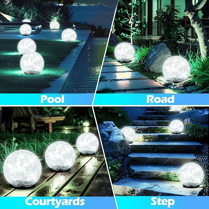 Garden Solar Ball Lights Outdoor Waterproof, 30 LED Cracked Glass Globe Solar Power Ground Lights for Path Yard Patio Lawn, Christmas Decoration Landscape White(2 Pack 3.9'')-Ruum Studio Home