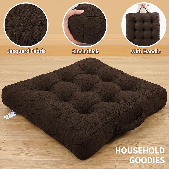 Large Chair Cushions with Handle, 20"x 20" Bite-Size Memory Foam Seat Cushions for Wicker Chair, Patio Non-Slip Rattan Chair Pads, Square Floor Cushion, Brown-Ruum Studio Home