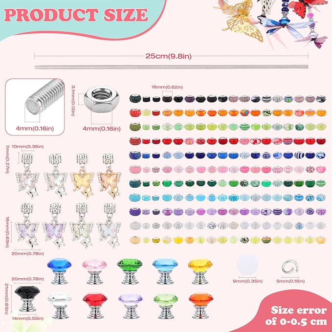 380pcs Beaded Garden Stake, DIY Butterfly Fairy Wand Garden Stake Kit with 10IN Threaded Rod Crystal Stopper Top Large Holes Beads Butterfly Decoration Pendants Outdoor Fairy Garden kit-Ruum Studio Home