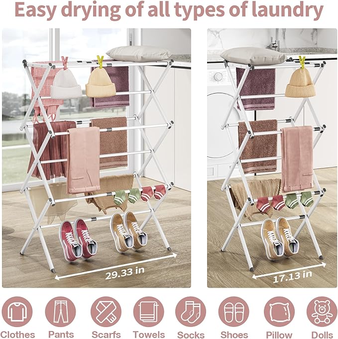 APEXCHASER Clothes Drying Rack, 3-Tier Laundry Drying Rack for Clothes, Expandable Metal Clothing Dryer, Collapsible Towel Rack, Air Drying Rack, White-Ruum Studio Home