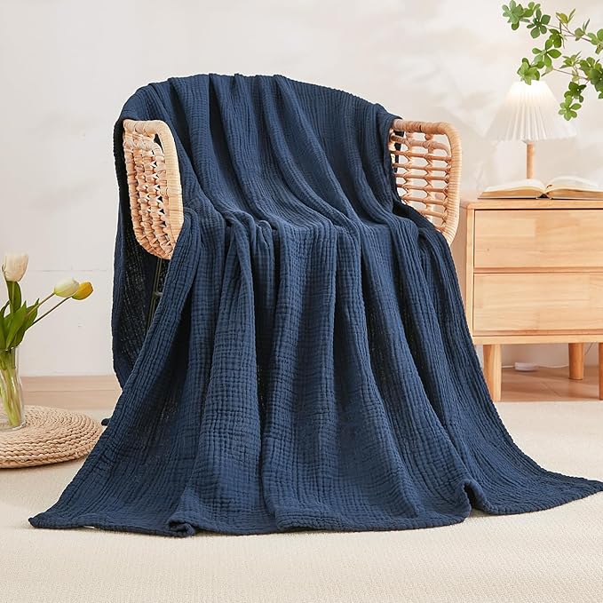 EMME Cotton Blanket Twin XL for Bed Soft Muslin Blankets 66"x90" Lightweight Breathable Layering Bedspread Coverlet All Season Gauze, Navy-Ruum Studio Home