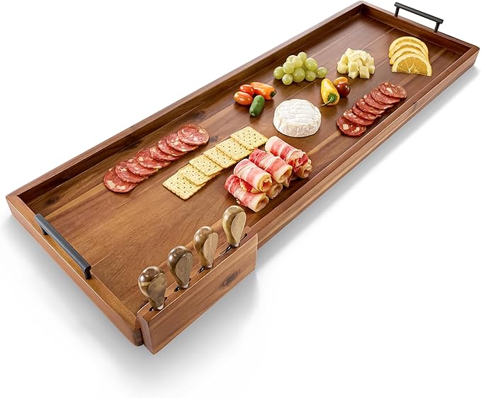 Acacia 36 Inch Extra Large Charcuterie Board with Cheese Knife Set of 4 - Acacia Wood Serving Tray with Handles, Long Charcuterie Board, Large Charcuterie Boards for Party, Wooden Cheese Board-Ruum Studio Home