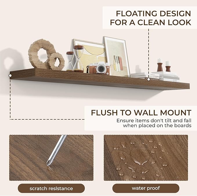 RICHFOCUS 72Inch Floating Shelves for Wall 2 Pack Shelves for Bedroom|Kitchen|Bathroom Wall Mounted Rustic Wood Floating Shelf with Invisible Brackets for Books|Storage|Decor, Walnut-Ruum Studio Home