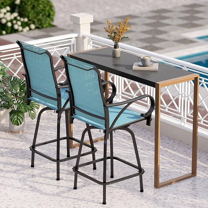 PHI VILLA 3 Piece Outdoor Bar Set, High Top Patio Bistro Table and Bar Chairs with Teal Textilene Fabric & Rustproof Metal Frame for Backyard, Balcony, Garden & Poolside-Ruum Studio Home