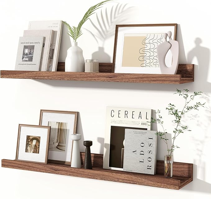 Fun Memories Picture Ledge Shelves Set of 2, 24 Inch Rustic Wall Mounted Floating Shelves with Lip for Home Storage and Décor in Bathroom, Kitchen, Nursery, Bedroom, Living Room, Walnut-Ruum Studio Home
