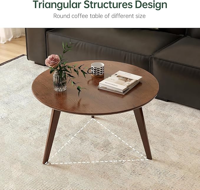 100% Solid Oak Wood Coffee Table Set, Round Coffee Table Combo Side Table w/Solid Wood Legs, Mid Century Table Sturdy Tables for Bedroom Balcony Living Room (Walnut, 3 Pieces)-Ruum Studio Home