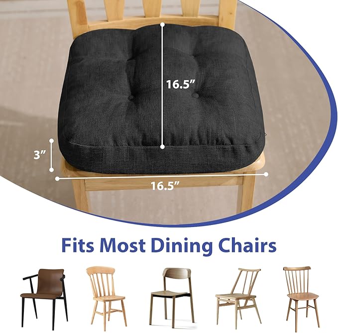 Chair Cushions, Foam Dining Chair Cushions, Tufted Indoor Chair Pads, 16.5” x 16.5” x 3.5”, Set of 2, Black-Ruum Studio Home