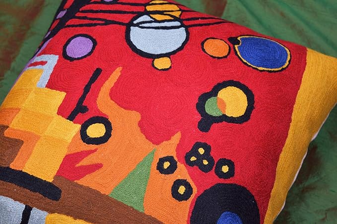Kandinsky Contemporary Throw Pillow Cover - Heavy Red Space Modern Cushion | Abstract Throw Pillows | Contemporary Pillow | Abstract Chair Cushions | Hand Embroidered Cushion | Wool Size 18x18-Ruum Studio Home