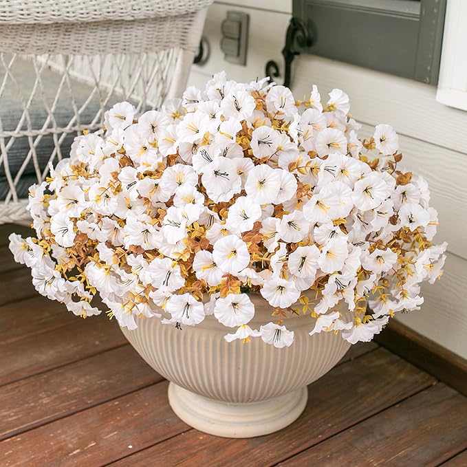 Fake Mums Artificial Fall Flowers Fake Plants for Outdoors Autumn Decor, 12 Bundles White Silk Morning Glory with Eucalyptus Look Real UV Resistant Faux Flowers for Outside Planters Front Door Yard-Ruum Studio Home
