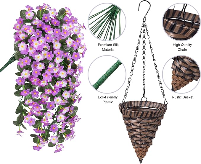 Artificial Fake Hanging Flowers with Basket for Outdoor Decoration,UV Resistant Faux Silk Light Fuchsia and Fuchsia Orchid Flowers Vines in Planter Realistic Hanging Baskets for Home Porch Garden-Ruum Studio Home