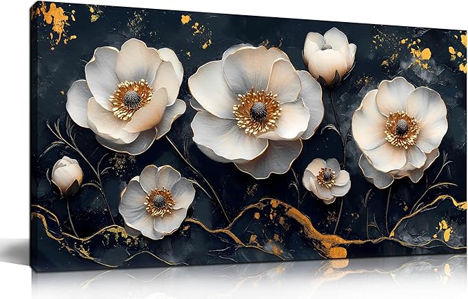 White Flower Wall Canvas Art for Bedroom - Black and White Wall Art for Living Room - Home Office Decor Wall Size 20" x 40"-Ruum Studio Home