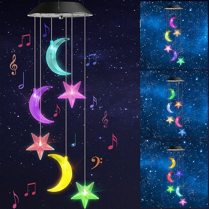 Toodour Solar Wind Chimes, Color Changing Wind Chimes Moon and Star, LED Decorative Mobile, Gift for Mom Grandma, Waterproof Outdoor Moon Star Light for Garden, Patio, Yard, Window Outdoor Decor-Ruum Studio Home