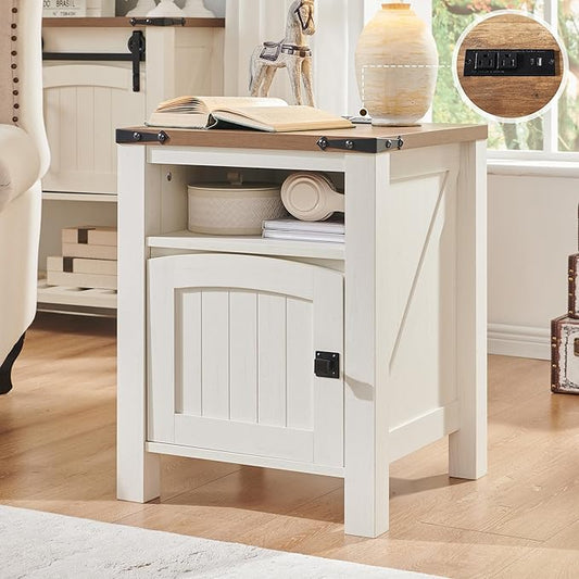 OKD Farmhouse Nightstand with Charging Station, 18" Rustic End Table with Adjustable Storage Shelf, Wood Rustic Wood Sofa Side Table for Bedroom-Ruum Studio Home