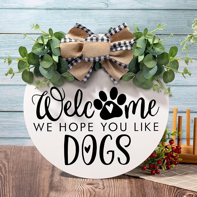 Asoulin Welcome Wreath 'We Hope You Like Dogs' Spring Decor Farmhouse Door Sign for Front Door Decor - Welcome Wreath Hanging Sign for Dogs Lovers Housewarming Gift-Ruum Studio Home