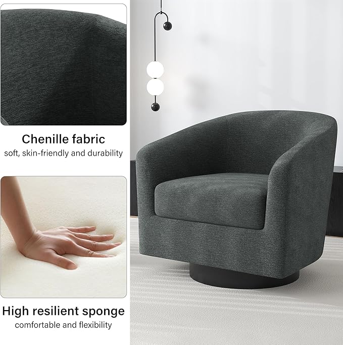 Swivel Barrel Accent Chair, Modern Round Chenille Fabric Arm Chair for Living Room, Bedroom, Comfy Club Reading Chairs for Adults（Chenille Fabric, Grey, Set of 2-Ruum Studio Home