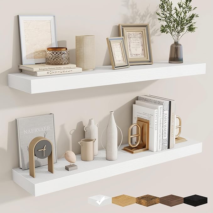 fuqing Floating Shelves for Wall, Bathroom Shelf Wall Mounted for Storage, Shelves with Invisible Bracket for Bedroom, Kitchen, Living Room, Farmhouse Small Book Shelf, 36 Inch Set of 2, White-Ruum Studio Home