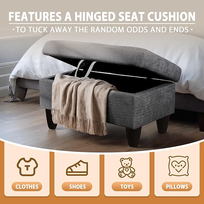 Ottoman Rectangular Storage Ottoman Bench, Flannel Footrest Stool Footstool with Lid for Living Room, Bedroom, Entryway, Black Gray, 28.5"x19"x17.5"-Ruum Studio Home