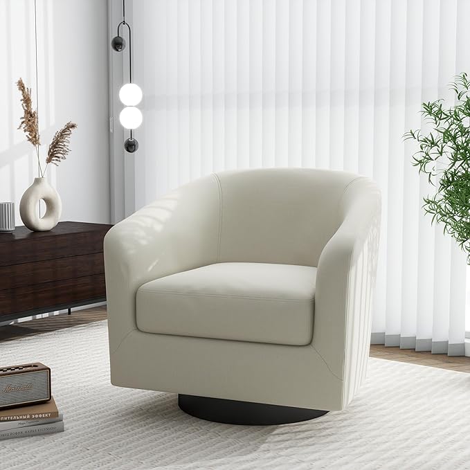 Swivel Barrel Accent Chair, Modern Round Linen Arm Chair for Living Room, Bedroom, Comfy Club Reading Chairs for Adults（Linen Fabric, Beige, Set of 2-Ruum Studio Home