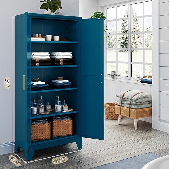 71'' Farmhouse Metal Storage Cabinet with Barn Doors,Steel File Cabinet for Home Office,Kitchen Pantry 4 Adjustable Shelves,Freestanding Cupboard for Kitchen,Home Office (Peacock Blue)-Ruum Studio Home